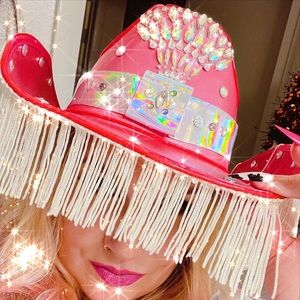Custom Pink Neon Light Up Hand Applied Rhinestoned Fringe Cowboy Hat